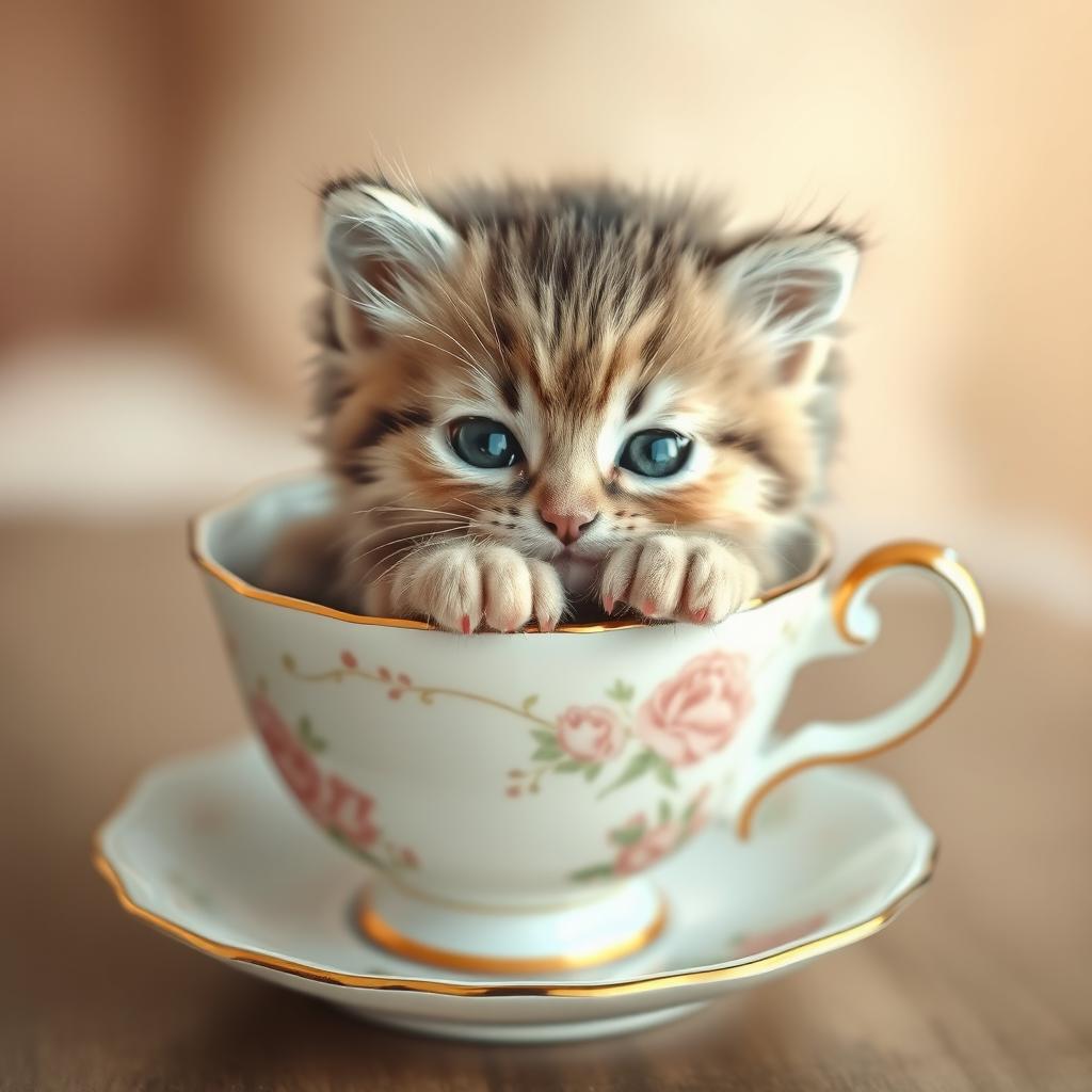 A cute kitten nestled comfortably in a delicate teacup, its soft fur fluffy and adorable