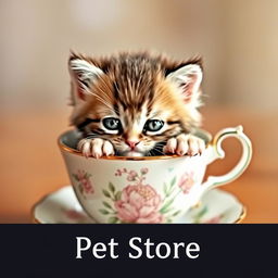 A cute kitten nestled comfortably in a delicate teacup, its soft fur fluffy and adorable