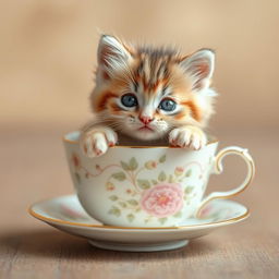 A cute kitten nestled comfortably in a delicate teacup, its soft fur fluffy and adorable