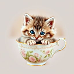 A cute kitten nestled comfortably in a delicate teacup, its soft fur fluffy and adorable