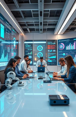 A futuristic office setting showcasing diverse professionals engaged in a high-tech environment focused on technology-driven compensation solutions
