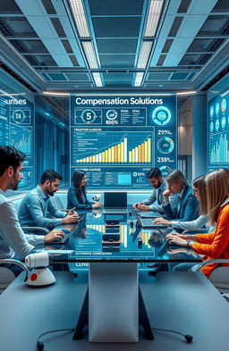 A futuristic office setting showcasing diverse professionals engaged in a high-tech environment focused on technology-driven compensation solutions