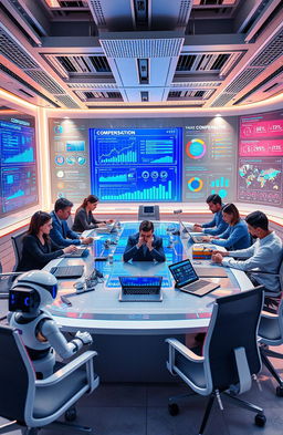 A futuristic office setting showcasing diverse professionals engaged in a high-tech environment focused on technology-driven compensation solutions