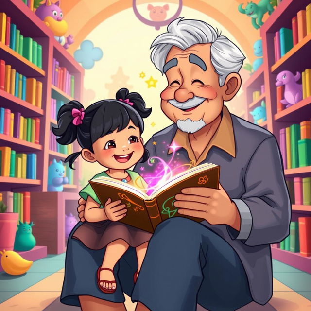 A vibrant, colorful cartoon scene featuring a little Filipino girl with black hair in pigtails and a big smile, sitting on the knee of her elderly Filipino grandfather with salt-and-pepper hair and a gentle expression