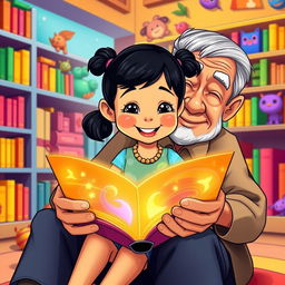 A vibrant, colorful cartoon scene featuring a little Filipino girl with black hair in pigtails and a big smile, sitting on the knee of her elderly Filipino grandfather with salt-and-pepper hair and a gentle expression