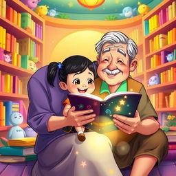 A vibrant, colorful cartoon scene featuring a little Filipino girl with black hair in pigtails and a big smile, sitting on the knee of her elderly Filipino grandfather with salt-and-pepper hair and a gentle expression