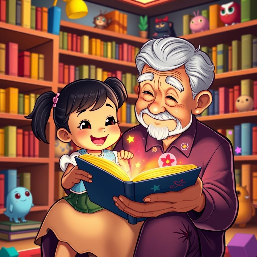 A vibrant, colorful cartoon scene featuring a little Filipino girl with black hair in pigtails and a big smile, sitting on the knee of her elderly Filipino grandfather with salt-and-pepper hair and a gentle expression