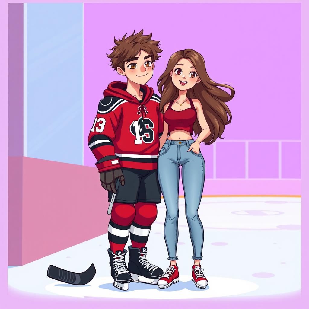 A digital illustration of a romantic couple of teenage characters standing together outside an ice rink, depicted in a whimsical style that features vibrant purple and light blue colors in the background