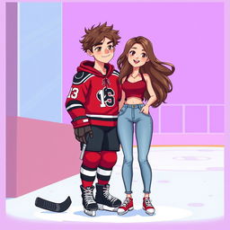 A digital illustration of a romantic couple of teenage characters standing together outside an ice rink, depicted in a whimsical style that features vibrant purple and light blue colors in the background