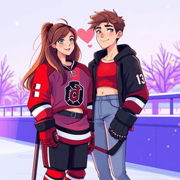 A digital illustration of a romantic couple of teenage characters standing together outside an ice rink, depicted in a whimsical style that features vibrant purple and light blue colors in the background
