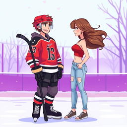 A digital illustration of a romantic couple of teenage characters standing together outside an ice rink, depicted in a whimsical style that features vibrant purple and light blue colors in the background