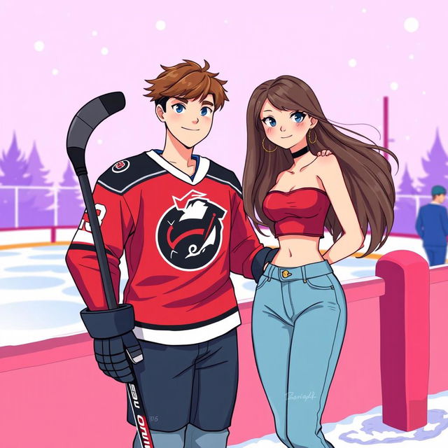 A digital illustration of a romantic couple of teenage characters standing together outside an ice rink, depicted in a whimsical style that features vibrant purple and light blue colors in the background