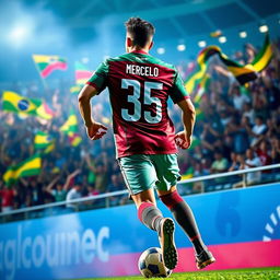 A dynamic and dramatic scene depicting Marcelo after transferring to Fluminense, now wearing the iconic number 35 jersey