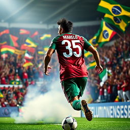 A dynamic and dramatic scene depicting Marcelo after transferring to Fluminense, now wearing the iconic number 35 jersey