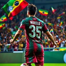 A dynamic and dramatic scene depicting Marcelo after transferring to Fluminense, now wearing the iconic number 35 jersey