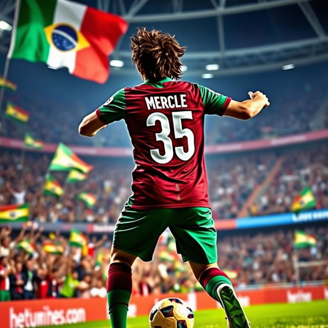 A dynamic and dramatic scene depicting Marcelo after transferring to Fluminense, now wearing the iconic number 35 jersey