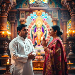 A serene and spiritual scene capturing a husband and wife praying together in a vibrant Hindu temple