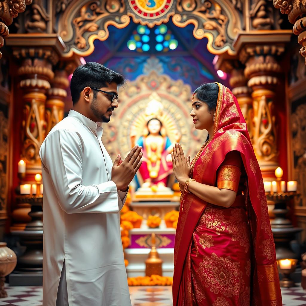 A serene and spiritual scene capturing a husband and wife praying together in a vibrant Hindu temple