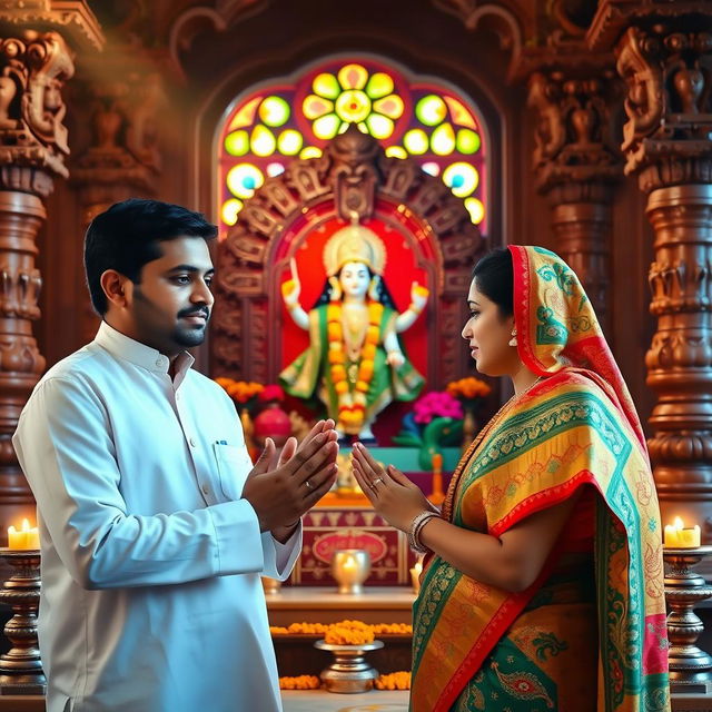 A serene and spiritual scene capturing a husband and wife praying together in a vibrant Hindu temple