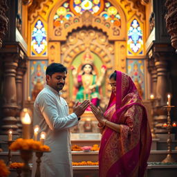 A serene and spiritual scene capturing a husband and wife praying together in a vibrant Hindu temple