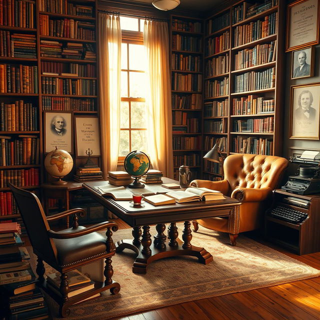 A cozy and inviting library belonging to a passionate book collector, featuring towering shelves filled with old, rare books and colorful vintage book spines