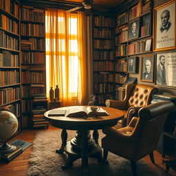 A cozy and inviting library belonging to a passionate book collector, featuring towering shelves filled with old, rare books and colorful vintage book spines