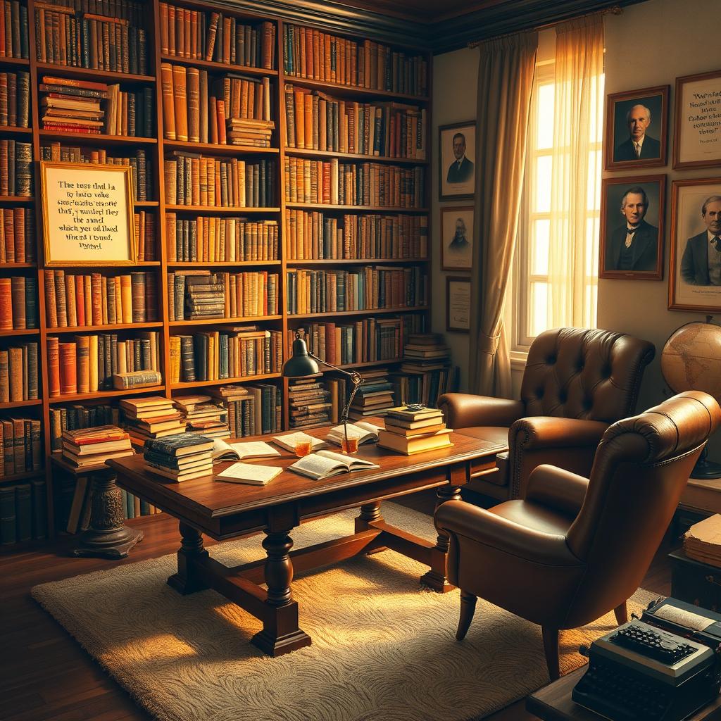 A cozy and inviting library belonging to a passionate book collector, featuring towering shelves filled with old, rare books and colorful vintage book spines