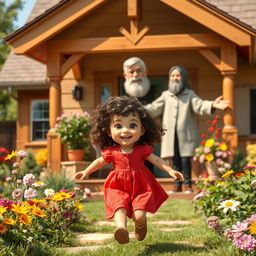 A charming scene depicting a little girl with curly brown hair, wearing a bright red dress, joyfully running towards her grandpa's cozy house surrounded by a beautiful garden filled with colorful flowers and greenery