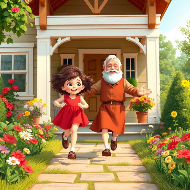 A charming scene depicting a little girl with curly brown hair, wearing a bright red dress, joyfully running towards her grandpa's cozy house surrounded by a beautiful garden filled with colorful flowers and greenery