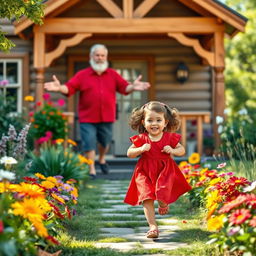 A charming scene depicting a little girl with curly brown hair, wearing a bright red dress, joyfully running towards her grandpa's cozy house surrounded by a beautiful garden filled with colorful flowers and greenery