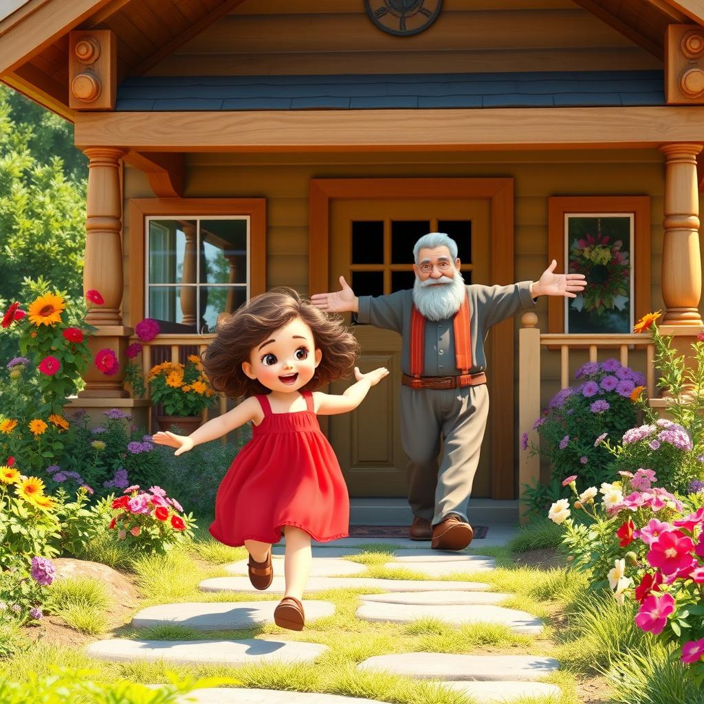 A charming scene depicting a little girl with curly brown hair, wearing a bright red dress, joyfully running towards her grandpa's cozy house surrounded by a beautiful garden filled with colorful flowers and greenery