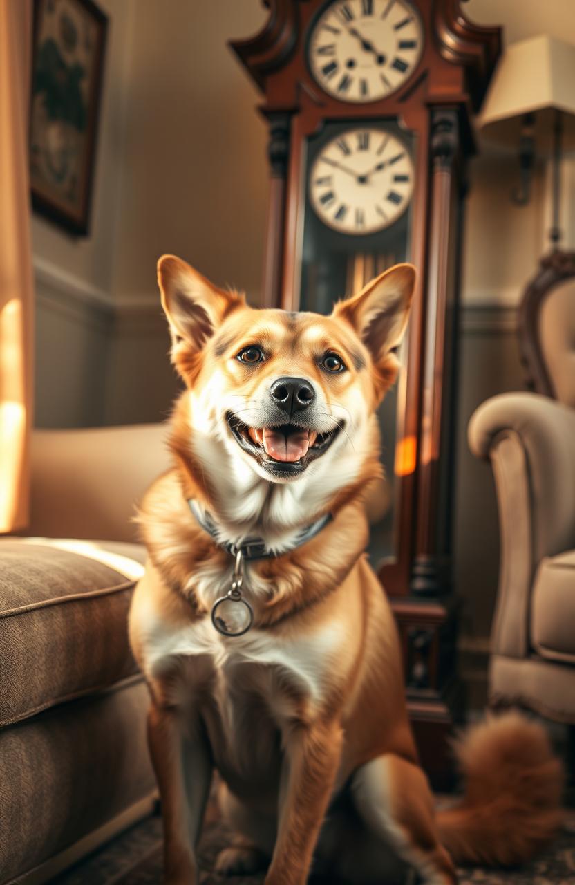 A medium-sized dog named Ringo, a friendly and playful breed, sitting in a cozy room with a classic grandfather clock prominently in the background