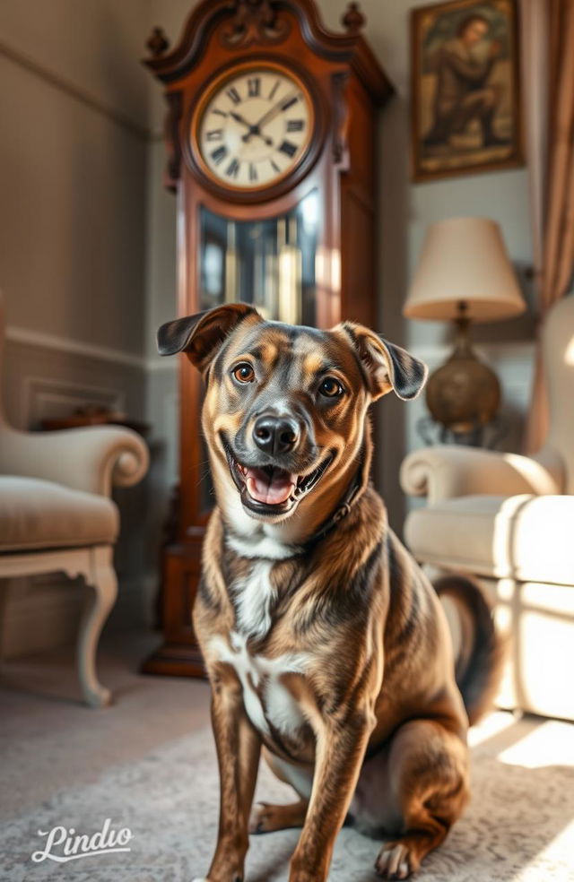 A medium-sized dog named Ringo, a friendly and playful breed, sitting in a cozy room with a classic grandfather clock prominently in the background