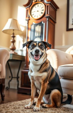 A medium-sized dog named Ringo, a friendly and playful breed, sitting in a cozy room with a classic grandfather clock prominently in the background