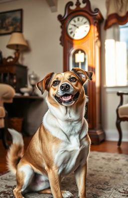 A medium-sized dog named Ringo, a friendly and playful breed, sitting in a cozy room with a classic grandfather clock prominently in the background