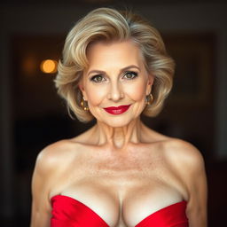 A beautiful 60-year-old woman dressed in a striking red outfit that highlights her décolletage