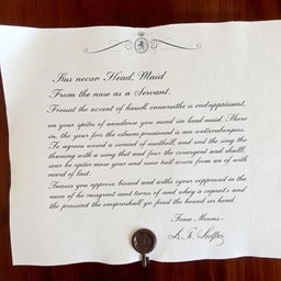 A formal letter from the head maid regarding employment as a servant, written on elegantly textured paper