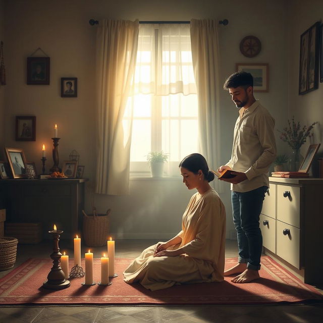 An evocative scene illustrating the concept of domestic penance, featuring a serene home environment