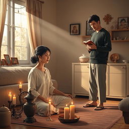 An evocative scene illustrating the concept of domestic penance, featuring a serene home environment