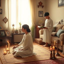 An evocative scene illustrating the concept of domestic penance, featuring a serene home environment
