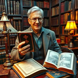 A passionate book collector proudly holding his most rare and valuable book, surrounded by a visually stunning library filled with antique books and elegant shelves