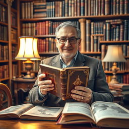 A passionate book collector proudly holding his most rare and valuable book, surrounded by a visually stunning library filled with antique books and elegant shelves