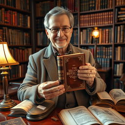 A passionate book collector proudly holding his most rare and valuable book, surrounded by a visually stunning library filled with antique books and elegant shelves