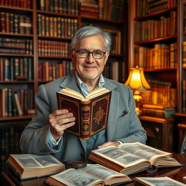 A passionate book collector proudly holding his most rare and valuable book, surrounded by a visually stunning library filled with antique books and elegant shelves