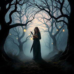 An enchanting and mysterious landscape that evokes a sense of intrigue and wonder, featuring a misty forest at twilight