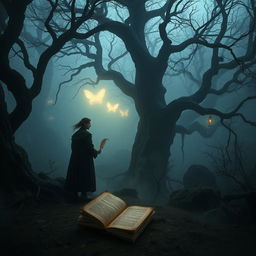 An enchanting and mysterious landscape that evokes a sense of intrigue and wonder, featuring a misty forest at twilight