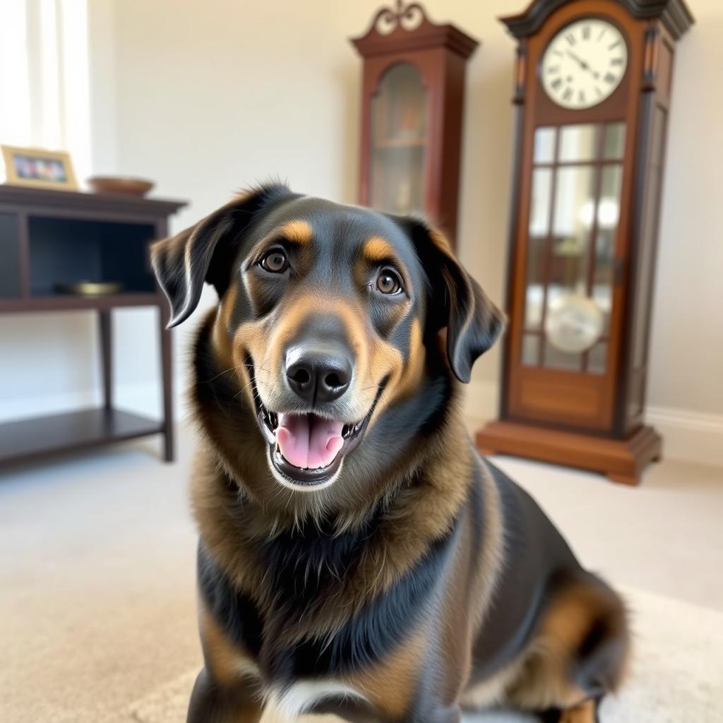 A medium-sized dog named Ringo, a friendly and playful breed, sitting in a peaceful room with a simple grandfather clock in the background