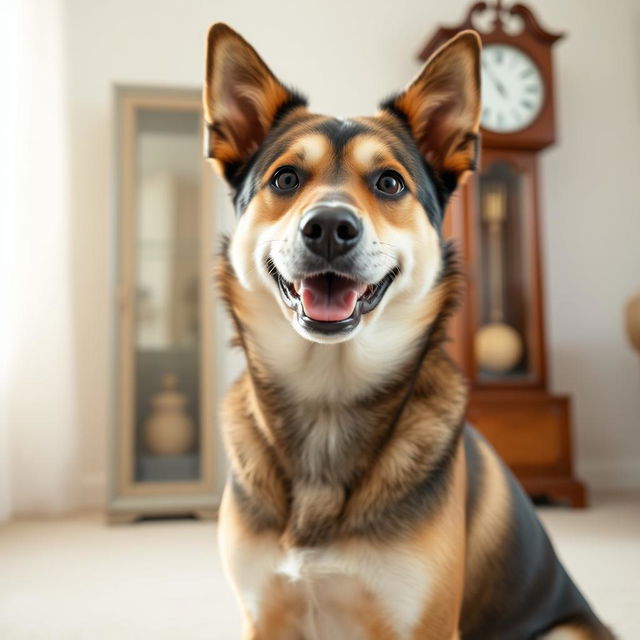 A medium-sized dog named Ringo, a friendly and playful breed, sitting in a peaceful room with a simple grandfather clock in the background