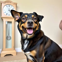 A medium-sized dog named Ringo, a friendly and playful breed, sitting in a peaceful room with a simple grandfather clock in the background