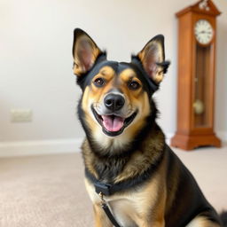 A medium-sized dog named Ringo, a friendly and playful breed, sitting in a peaceful room with a simple grandfather clock in the background